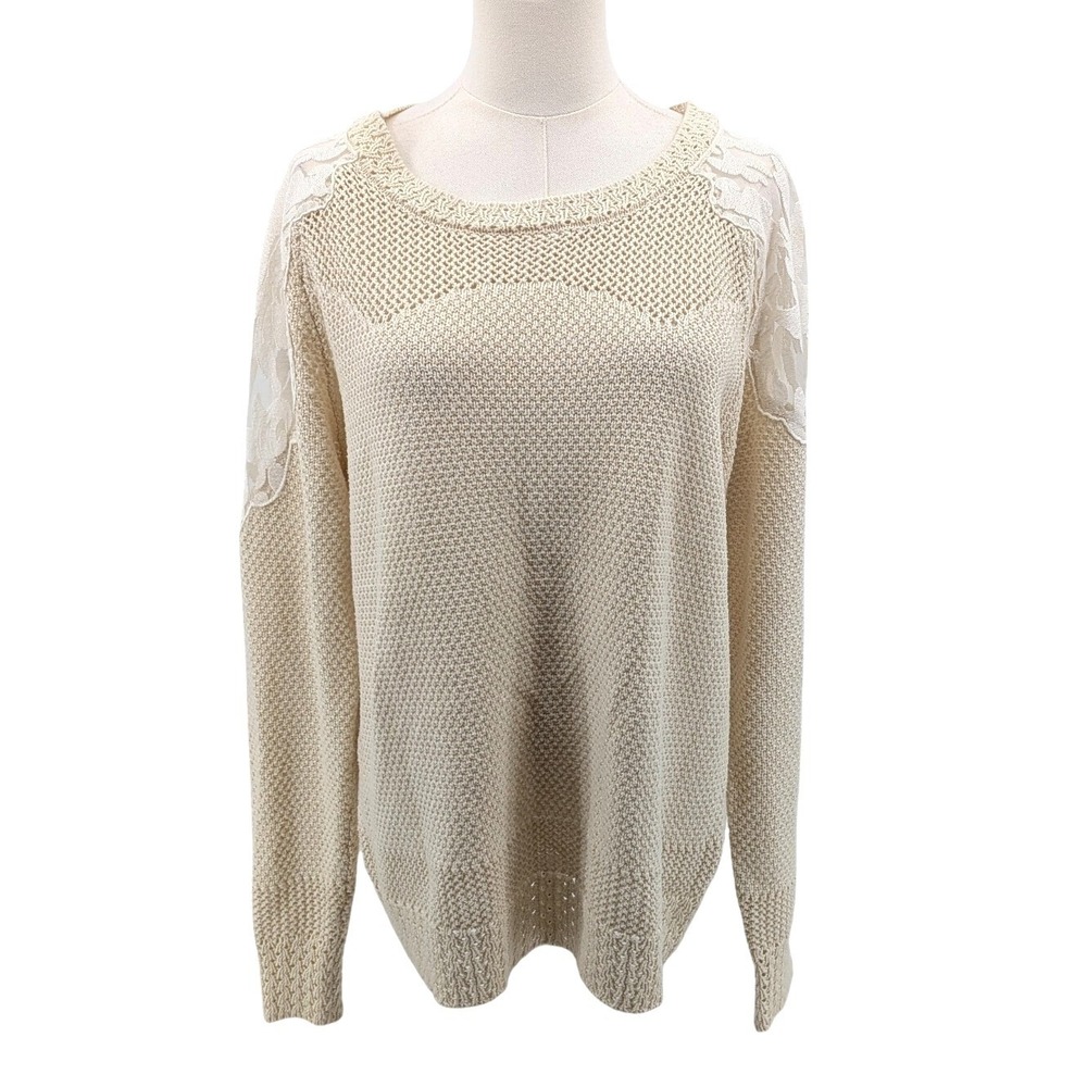 Cream Cotton Blend Knit Sweater Lace Shoulder Cutouts Open Knit Boho XL